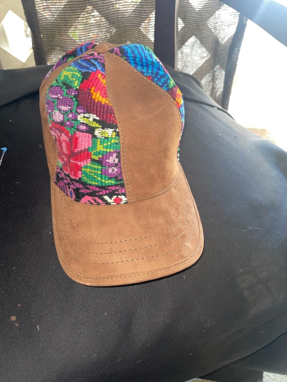 Kids Brown Suede Baseball Cap with Colorful Pattern